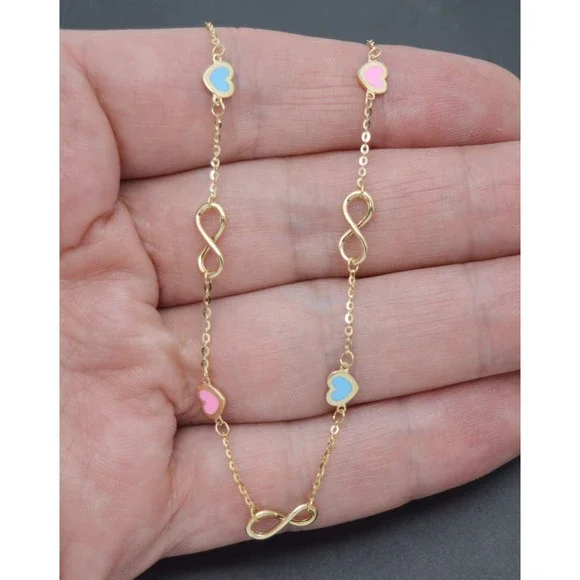 Real 14K Yellow Solid Gold 7" Shiny Infinity Multicolor Enamel Hearts Bracelet